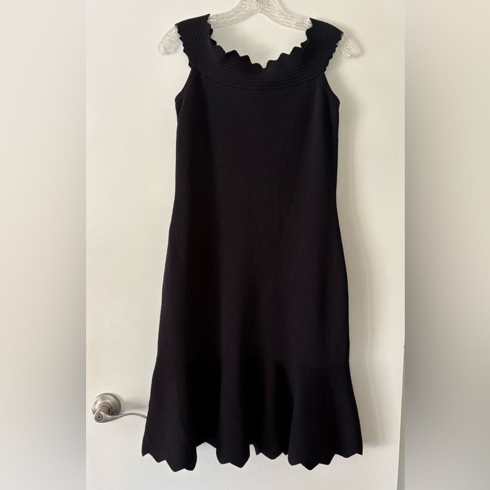 Eliza J Black Rib Sweater Dress L Off Shoulder Scallop Trumpet Knee Midi Knit - Picture 3 of 10